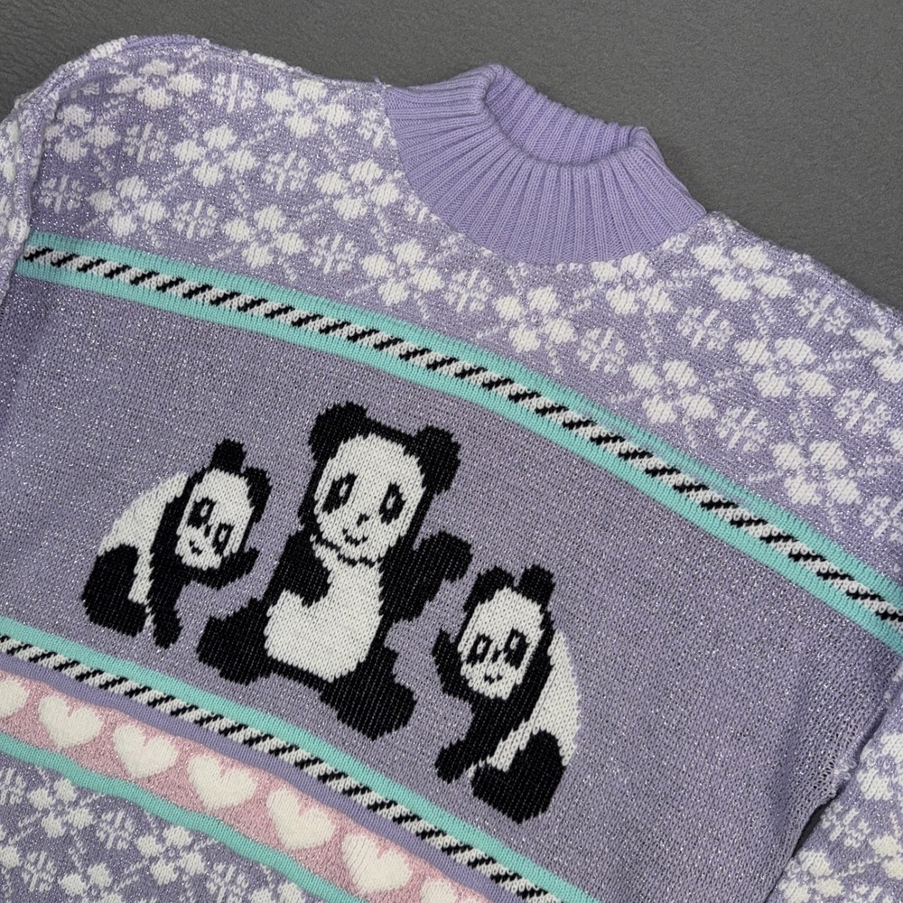 Vintage Adele Knitwear Panda Sweater Large Purple Knit Vintage 1980's Rare Find